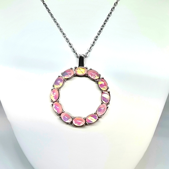 Pink Color Simulated Opal Resin Necklace in Stainless Steel 20-22 Inches - Picture 1 of 2